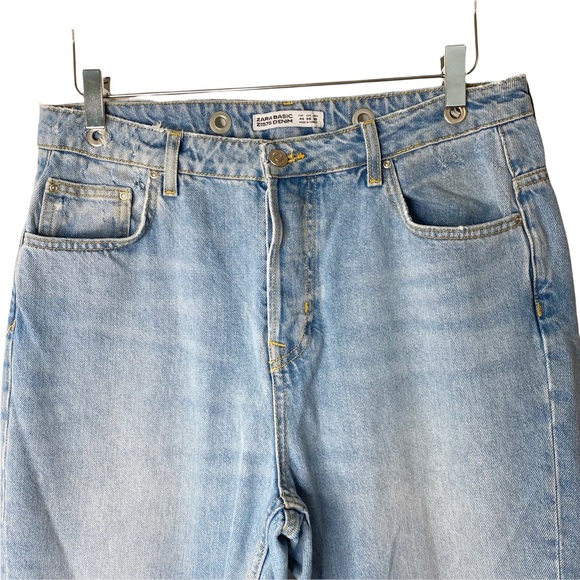 Zara Studded High Rise Engineering Mom Jeans Grommet Detail Raw Hem Crop Size 8 - Picture 5 of 13